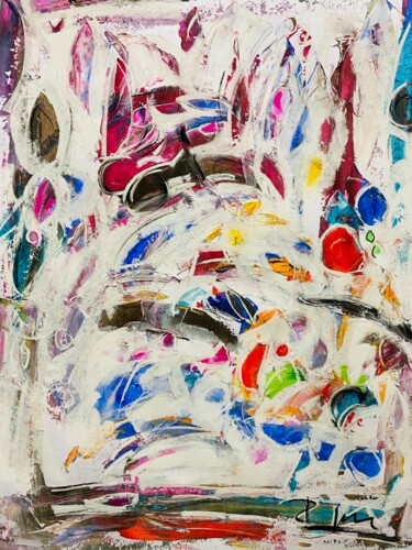 Des ballons dans un champ de neige coloré Painting titled "Des ballons dans un…" by Regine Blot, Original Artwork, Acrylic Mounted on Wood Panel