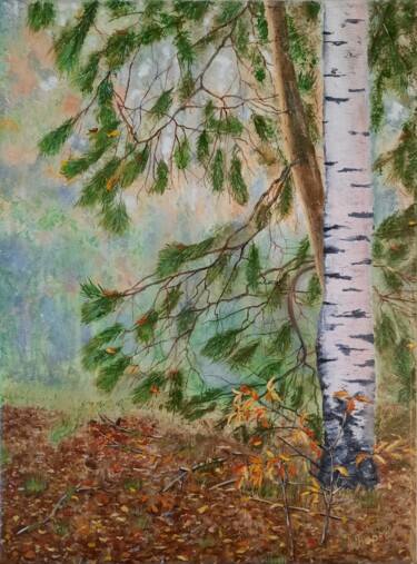 제목이 "Foggy forest"인 미술작품 Olena Berest로, 원작, 기름 나무 들것 프레임에 장착됨