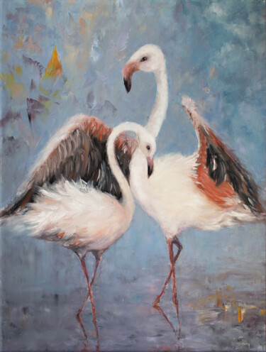 Flamingos in the saltpans of Aveiro Schilderij getiteld "Flamingos in the sa…" door Oxana Shimanchuk, Origineel Kunstwerk, Olie Gemonteerd op Frame voor houten…