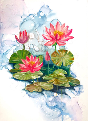 Lotus Bloom in Dreamy Waters 绘画 标题为“Lotus Bloom in Drea…” 由Olga Volna, 原创艺术品, 油