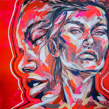 Taddese - Frau Porträt rot neon Gesicht weiß 绘画 标题为“Taddese - Frau Port…” 由Carolyn Mielke (carographic), 原创艺术品, 丙烯 安装在木质担架架上