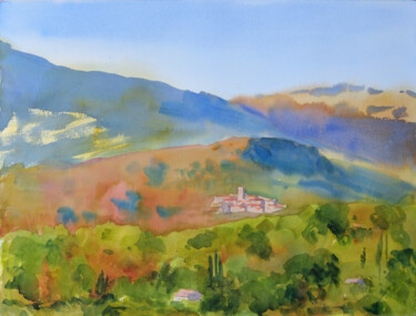 Village de Chateauneuf, Heure dorée, automne Картина под названием "Village de Chateaun…" - Alain Crousse (ACWATERCOLORS), Подлинное произведение искусства, Акварель