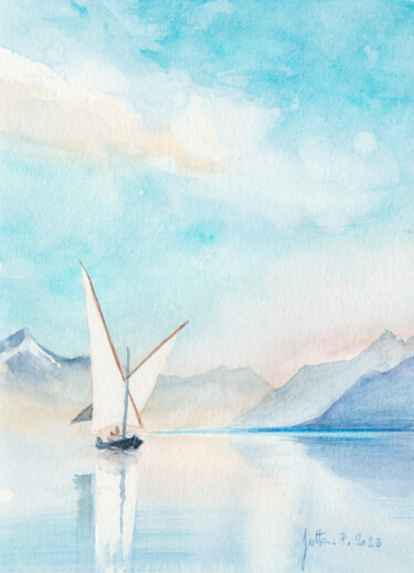 Haut lac Léman avec Barque par petit temps Malerei mit dem Titel "Haut lac Léman avec…" von Philippe Juttens, Original-Kunstwerk, Aquarell