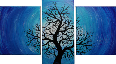 Triptyque silhouette d’arbre de nuit. Painting titled "Triptyque silhouett…" by Jonathan Pradillon, Original Artwork, Acrylic Mounted on Wood Stretcher frame