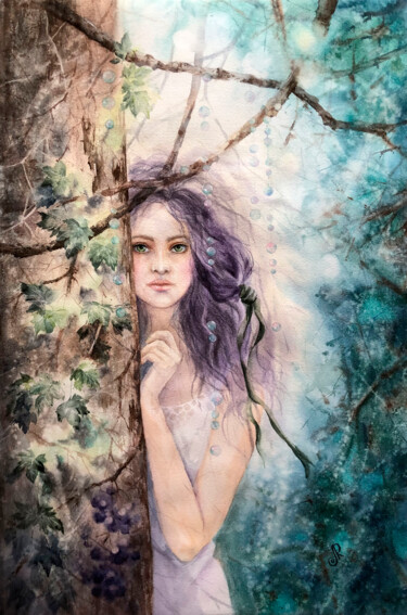 Forest Fairy Femme Woman Painting 绘画 标题为“Forest Fairy Femme…” 由Lolita Ros, 原创艺术品, 水彩