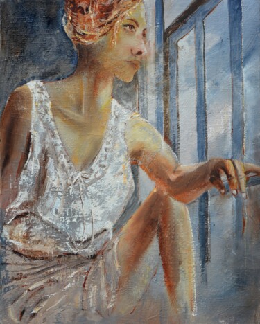 绘画 标题为“At the window” 由Pol Ledent, 原创艺术品, 油 安装在木质担架架上