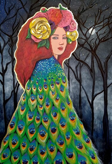 Peinture intitulée "Femme paon" par Mallory Ramet, Œuvre d'art originale, Acrylique Monté sur Châssis en bois