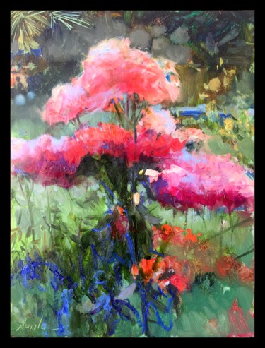 Painting titled "Etude Red Rose" by Khanlar Asadullayev, Original Artwork, Oil Mounted on Cardboard