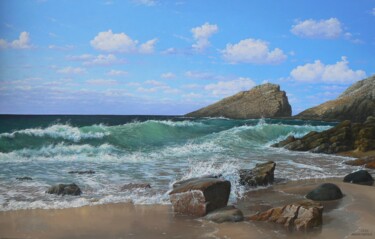 Plage de la Fosse Painting titled "Plage de la Fosse" by Uladzimir Anishchanka, Original Artwork, Oil Mounted on Wood Stretcher frame