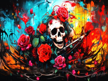 Skulls And Roses Aesthetic 3 - Day Of The Dead Skull Arts numériques intitulée "Skulls And Roses Ae…" par Sykart Designs, Œuvre d'art originale, Image générée par l'IA