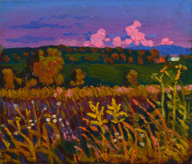Landscape with pink clouds and yellow flowers 제목이 "Landscape with pink…"인 미술작품 Mykola Kozlovskyi로, 원작, 기름 판지에 장착됨