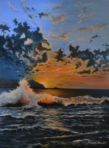 Peinture intitulée "Coucher de soleil s…" par Bernard Benoit, Œuvre d'art originale, Huile Monté sur Châssis en bois