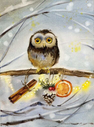 Owl with New Year's gifts 绘画 标题为“Owl with New Year's…” 由Eugenia Gorbacheva, 原创艺术品, 水彩