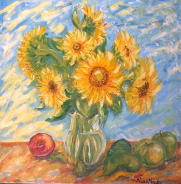 Sunflowers with red apple "Sunflowers with red…" başlıklı Tablo Наталя Азарна tarafından, Orijinal sanat, Petrol Ahşap panel üzerine monte edilmiş