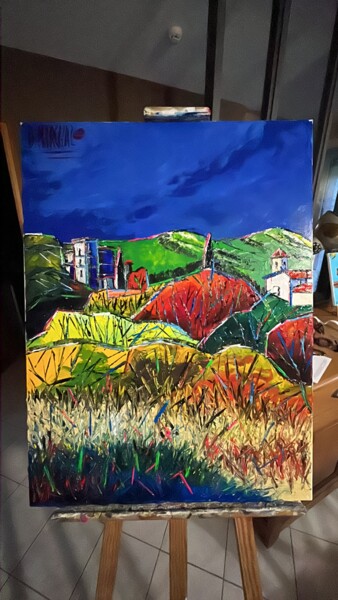 Peinture intitulée "Église et Château d…" par David Marchal, Œuvre d'art originale, Acrylique Monté sur Châssis en bois