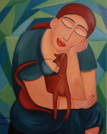 Mulher com um gatinho Schilderij getiteld "Mulher com um gatin…" door Olena Blinnikova, Origineel Kunstwerk, Olie Gemonteerd op Houten paneel