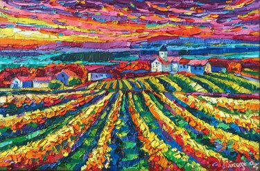 Golden vineyards in Champagne Peinture intitulée "Golden vineyards in…" par Vanya Georgieva, Œuvre d'art originale, Huile Monté sur Châssis en bois