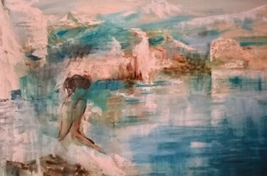 Peinture intitulée "La rêveuse du lac" par Marie Feougier, Œuvre d'art originale, Huile Monté sur Châssis en bois