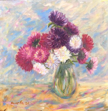 Crazy asters in vase 绘画 标题为“Crazy asters in vase” 由Наталя Азарна, 原创艺术品, 油 安装在木板上