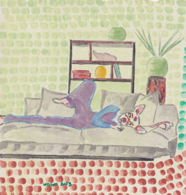 Doritos attends son maîre pour déguster des chips. Peinture intitulée "Doritos attends son…" par Wawa, Œuvre d'art originale, Aquarelle
