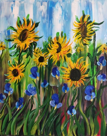 "Tournesols et iris" başlıklı Tablo Hubert Bridoux tarafından, Orijinal sanat, Akrilik
