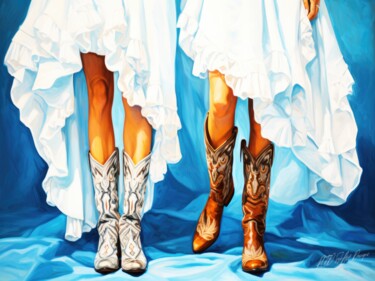 Cowgirl Boot Print - Two Cowgirls In Cowboy Boots Arts numériques intitulée "Cowgirl Boot Print…" par Sykart Designs, Œuvre d'art originale, Image générée par l'IA