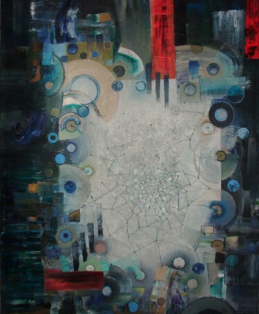 Malerei mit dem Titel "with three red spots" von Reiner Makarowski, Original-Kunstwerk, Öl