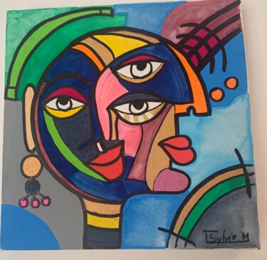 euphrasie , tableaux cubisme colorés , carré , original Painting titled "euphrasie , tableau…" by Sylvie Mercadier Cougoule, Original Artwork, Acrylic Mounted on Wood Stretcher fra…