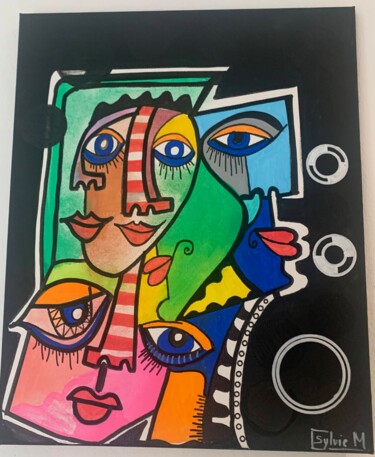 Tableau art contemporain, inspiration cubisme, fond noir Painting titled "Tableau art contemp…" by Sylvie Mercadier Cougoule, Original Artwork, Acrylic Mounted on Wood Stretcher fra…