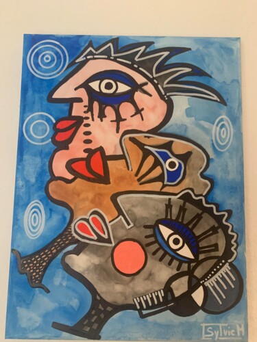 Tableau inspiration cubisme. ORIGINAL .Visage abstrait Painting titled "Tableau inspiration…" by Sylvie Mercadier Cougoule, Original Artwork, Acrylic