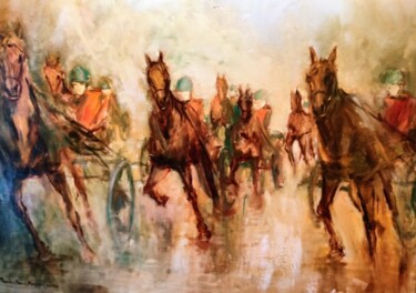 Peinture intitulée "A L'hippodrome" par Marie Feougier, Œuvre d'art originale, Huile Monté sur Châssis en bois