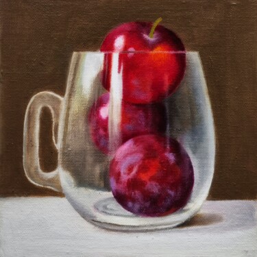 Painting titled "Three Plums" by Priyanka Singh, Original Artwork, Oil Mounted on Wood Panel
