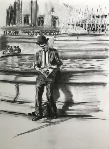 Disegno intitolato "У фонтана" da Sergei Sokolov, Opera d'arte originale, Carbone