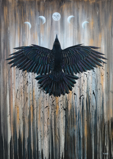Black Raven & 5 Moon Phases 绘画 标题为“Black Raven & 5 Moo…” 由Alexandr Karpov, 原创艺术品, 丙烯