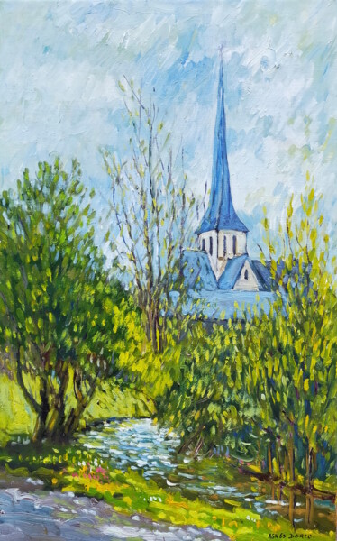 Eglise de Bures Peinture intitulée "Eglise de Bures" par Agnès Dortu, Œuvre d'art originale, Huile Monté sur Châssis en bois