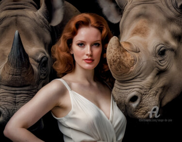 The beauty and the rhinoceros Arts numériques intitulée "The beauty and the…" par Rouge De Joie, Œuvre d'art originale, Image générée par l'IA
