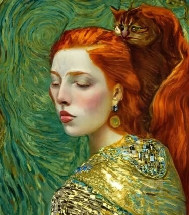 数字艺术 标题为“One With My Kitty C…” 由Shar'S Art, 原创艺术品, AI生成的图像