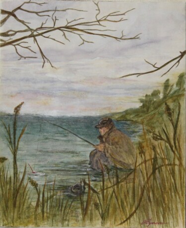 20, On fishing, march 1997, paper, cardboard, watercolor, Painting titled "20, On fishing, mar…" by Volodymyr Chukhas, Original Artwork, Watercolor