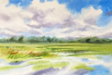 Schilderij getiteld "Fluffy clouds" door Oleksandra Hoha, Origineel Kunstwerk, Aquarel