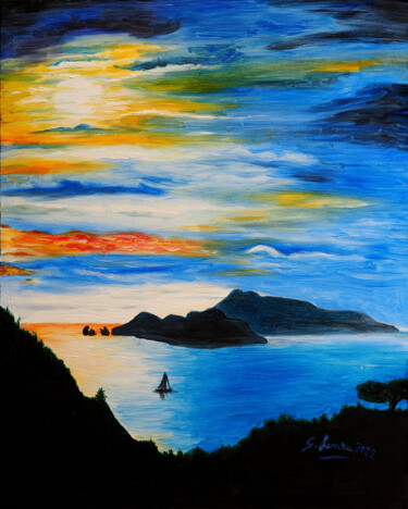 Pittura intitolato "Capri al chiaro di…" da Sergio Lanna (Sir Joe), Opera d'arte originale, Olio