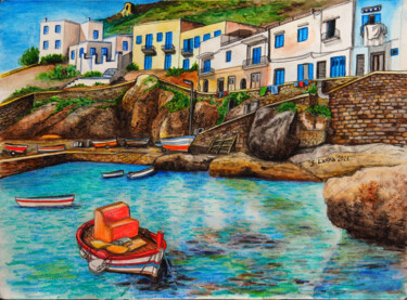 Schilderij getiteld "Levanzo" door Sergio Lanna (Sir Joe), Origineel Kunstwerk, Aquarel