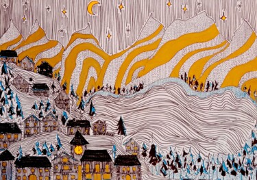 제목이 "Village in the Alps"인 그림 Metka Gelt로, 원작, 잉크