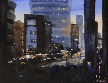 Peinture intitulée "City lights" par Prashant Prabhu, Œuvre d'art originale, Aquarelle