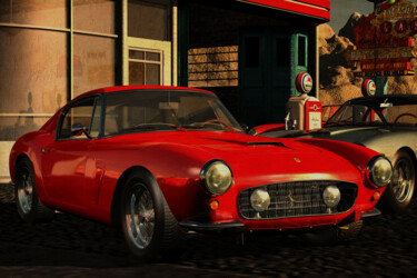 Ferrari 250GT SWB Berlinetta from 1957 at an old gas station Digital Arts titled "Ferrari 250GT SWB B…" by Jan Keteleer, Original Artwork, 3D Modeling