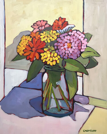 Zinnias Peinture intitulée "Zinnias" par Catherine J. Martzloff, Œuvre d'art originale, Huile