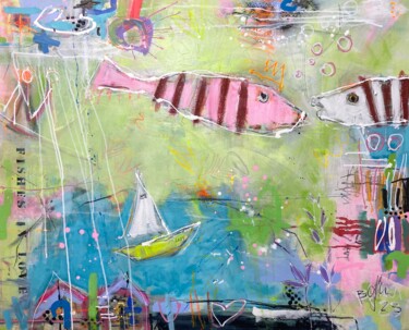 绘画 标题为“Fishes In Love No.6” 由Beate Garding Schubert, 原创艺术品, 丙烯 安装在木质担架架上