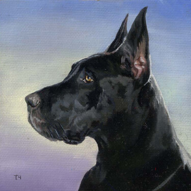 Miniature "Black Great Dane" Painting titled "Miniature "Black Gr…" by Tatjana Cechun, Original Artwork, Oil