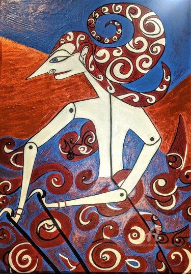 Serie Wayang Stick puppets part 2 Painting titled "Serie Wayang Stick…" by Katharina Eisenberg, Original Artwork, Acrylic Mounted on Wood Stretcher frame
