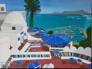 Peinture intitulée "Au café des délices" par Anis Mabrouk, Œuvre d'art originale, Huile Monté sur Châssis en bois