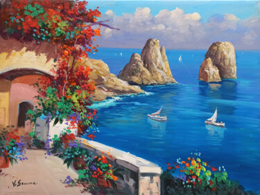 Seastacks belvedere - Capri painting Painting titled "Seastacks belvedere…" by Vincenzo Somma, Original Artwork, Oil Mounted on Wood Stretcher frame
